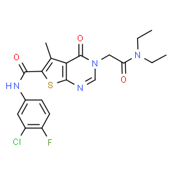ChemSpider 2D Image | N-(3-Chloro-4-fluorophenyl)-3-[2-(diethylamino)-2-oxoethyl]-5-methyl-4-oxo-3,4-dihydrothieno[2,3-d]pyrimidine-6-carboxamide | C20H20ClFN4O3S