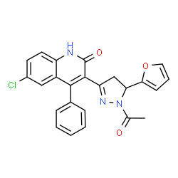 ChemSpider 2D Image | 3-[1-Acetyl-5-(2-furyl)-4,5-dihydro-1H-pyrazol-3-yl]-6-chloro-4-phenyl-2(1H)-quinolinone | C24H18ClN3O3