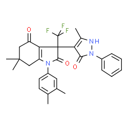 ChemSpider 2D Image | 1-(3,4-Dimethylphenyl)-6,6-dimethyl-3-(5-methyl-3-oxo-2-phenyl-2,3-dihydro-1H-pyrazol-4-yl)-3-(trifluoromethyl)-3,5,6,7-tetrahydro-1H-indole-2,4-dione | C29H28F3N3O3