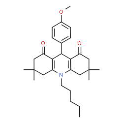 ChemSpider 2D Image | 9-(4-Methoxyphenyl)-3,3,6,6-tetramethyl-10-pentyl-3,4,6,7,9,10-hexahydro-1,8(2H,5H)-acridinedione | C29H39NO3