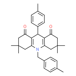 ChemSpider 2D Image | 3,3,6,6-Tetramethyl-10-(4-methylbenzyl)-9-(4-methylphenyl)-3,4,6,7,9,10-hexahydro-1,8(2H,5H)-acridinedione | C32H37NO2