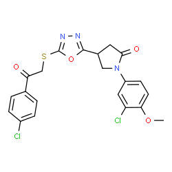 ChemSpider 2D Image | 1-(3-Chloro-4-methoxyphenyl)-4-(5-{[2-(4-chlorophenyl)-2-oxoethyl]sulfanyl}-1,3,4-oxadiazol-2-yl)-2-pyrrolidinone | C21H17Cl2N3O4S