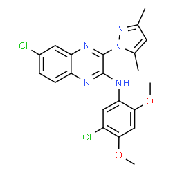 ChemSpider 2D Image | 6-Chloro-N-(5-chloro-2,4-dimethoxyphenyl)-3-(3,5-dimethyl-1H-pyrazol-1-yl)-2-quinoxalinamine | C21H19Cl2N5O2