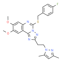 ChemSpider 2D Image | 2-[2-(3,5-Dimethyl-1H-pyrazol-1-yl)ethyl]-5-[(4-fluorobenzyl)sulfanyl]-8,9-dimethoxy[1,2,4]triazolo[1,5-c]quinazoline | C25H25FN6O2S