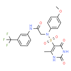 ChemSpider 2D Image | N~2~-(4-Methoxyphenyl)-N~2~-[(6-methyl-2,4-dioxo-1,2,3,4-tetrahydro-5-pyrimidinyl)sulfonyl]-N-[3-(trifluoromethyl)phenyl]glycinamide | C21H19F3N4O6S