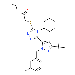 ChemSpider 2D Image | ethyl 2-({5-[3-(tert-butyl)-1-(3-methylbenzyl)-1H-pyrazol-5-yl]-4-cyclohexyl-4H-1,2,4-triazol-3-yl}thio)acetate | C27H37N5O2S