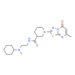 ChemSpider 2D Image | N-{2-[Cyclohexyl(methyl)amino]ethyl}-1-(7-methyl-5-oxo-5H-[1,3,4]thiadiazolo[3,2-a]pyrimidin-2-yl)-3-piperidinecarboxamide | C21H32N6O2S