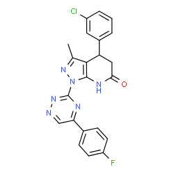 ChemSpider 2D Image | 4-(3-Chlorophenyl)-1-[5-(4-fluorophenyl)-1,2,4-triazin-3-yl]-3-methyl-1,4,5,7-tetrahydro-6H-pyrazolo[3,4-b]pyridin-6-one | C22H16ClFN6O