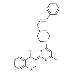 ChemSpider 2D Image | 2-(2-Methoxyphenyl)-5-methyl-7-{4-[(2E)-3-phenyl-2-propen-1-yl]-1-piperazinyl}pyrazolo[1,5-a]pyrimidine | C27H29N5O