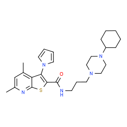 ChemSpider 2D Image | N-[3-(4-Cyclohexyl-1-piperazinyl)propyl]-4,6-dimethyl-3-(1H-pyrrol-1-yl)thieno[2,3-b]pyridine-2-carboxamide | C27H37N5OS