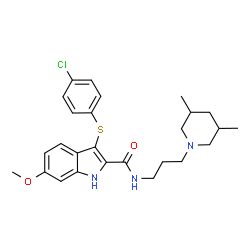 ChemSpider 2D Image | 3-[(4-Chlorophenyl)sulfanyl]-N-[3-(3,5-dimethyl-1-piperidinyl)propyl]-6-methoxy-1H-indole-2-carboxamide | C26H32ClN3O2S