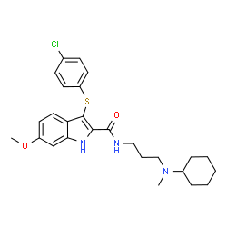 ChemSpider 2D Image | 3-[(4-Chlorophenyl)sulfanyl]-N-{3-[cyclohexyl(methyl)amino]propyl}-6-methoxy-1H-indole-2-carboxamide | C26H32ClN3O2S