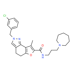 ChemSpider 2D Image | N-[3-(1-Azepanyl)propyl]-2-(3-chlorobenzyl)-8-methyl-4,5-dihydro-2H-furo[2,3-g]indazole-7-carboxamide | C27H33ClN4O2