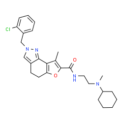 ChemSpider 2D Image | 2-(2-Chlorobenzyl)-N-{2-[cyclohexyl(methyl)amino]ethyl}-8-methyl-4,5-dihydro-2H-furo[2,3-g]indazole-7-carboxamide | C27H33ClN4O2