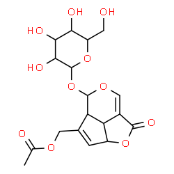 ChemSpider 2D Image | [5-(Hexopyranosyloxy)-1-oxo-2a,4a,5,7b-tetrahydro-1H-2,6-dioxacyclopenta[cd]inden-4-yl]methyl acetate | C18H22O11