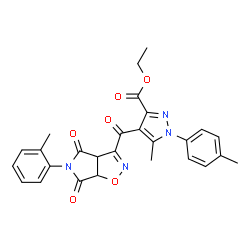 ChemSpider 2D Image | Ethyl 5-methyl-1-(4-methylphenyl)-4-{[5-(2-methylphenyl)-4,6-dioxo-4,5,6,6a-tetrahydro-3aH-pyrrolo[3,4-d][1,2]oxazol-3-yl]carbonyl}-1H-pyrazole-3-carboxylate | C27H24N4O6