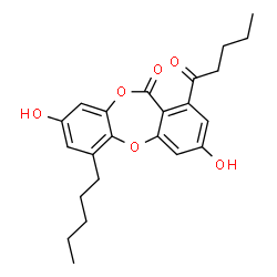 ChemSpider 2D Image | 3,8-Dihydroxy-1-pentanoyl-6-pentyl-11H-dibenzo(b,e)(1,4)dioxepin-11-one | C23H26O6