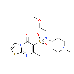 ChemSpider 2D Image | N-(2-Methoxyethyl)-2,7-dimethyl-N-(1-methyl-4-piperidinyl)-5-oxo-5H-[1,3]thiazolo[3,2-a]pyrimidine-6-sulfonamide | C17H26N4O4S2