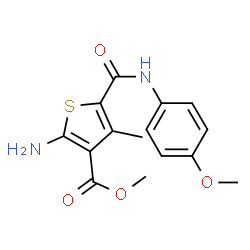 ChemSpider 2D Image | Methyl 2-amino-5-[(4-methoxyphenyl)carbamoyl]-4-methyl-3-thiophenecarboxylate | C15H16N2O4S