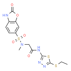 ChemSpider 2D Image | N-[5-(Ethylsulfanyl)-1,3,4-thiadiazol-2-yl]-N~2~-methyl-N~2~-[(2-oxo-2,3-dihydro-1,3-benzoxazol-6-yl)sulfonyl]glycinamide | C14H15N5O5S3