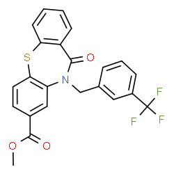 ChemSpider 2D Image | Methyl 11-oxo-10-[3-(trifluoromethyl)benzyl]-10,11-dihydrodibenzo[b,f][1,4]thiazepine-8-carboxylate | C23H16F3NO3S