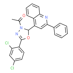 ChemSpider 2D Image | 1-[5-(2,4-Dichlorophenyl)-2-(2-phenyl-4-quinolinyl)-1,3,4-oxadiazol-3(2H)-yl]ethanone | C25H17Cl2N3O2