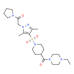 ChemSpider 2D Image | 2-[4-({4-[(4-Ethyl-1-piperazinyl)carbonyl]-1-piperidinyl}sulfonyl)-3,5-dimethyl-1H-pyrazol-1-yl]-1-(1-pyrrolidinyl)ethanone | C23H38N6O4S