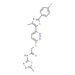 ChemSpider 2D Image | 2-({6-[2-(4-Fluorophenyl)-4-methyl-1,3-thiazol-5-yl]-3-pyridazinyl}sulfanyl)-N-(5-methyl-1,3,4-thiadiazol-2-yl)acetamide | C19H15FN6OS3