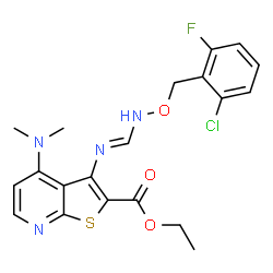 ChemSpider 2D Image | Ethyl 3-[(E)-({[(2-chloro-6-fluorobenzyl)oxy]amino}methylene)amino]-4-(dimethylamino)thieno[2,3-b]pyridine-2-carboxylate | C20H20ClFN4O3S