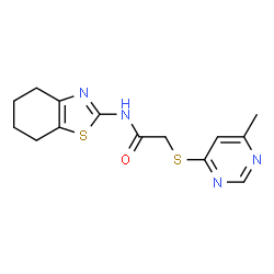ChemSpider 2D Image | 2-[(6-Methyl-4-pyrimidinyl)sulfanyl]-N-(4,5,6,7-tetrahydro-1,3-benzothiazol-2-yl)acetamide | C14H16N4OS2