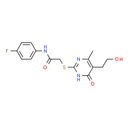 ChemSpider 2D Image | N-(4-Fluorophenyl)-2-{[5-(2-hydroxyethyl)-4-methyl-6-oxo-1,6-dihydro-2-pyrimidinyl]sulfanyl}acetamide | C15H16FN3O3S