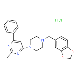 ChemSpider 2D Image | 4-[4-(1,3-Benzodioxol-5-ylmethyl)-1-piperazinyl]-2-methyl-6-phenylpyrimidine hydrochloride (1:1) | C23H25ClN4O2
