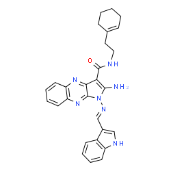 ChemSpider 2D Image | 2-Amino-N-[2-(1-cyclohexen-1-yl)ethyl]-1-[(E)-(1H-indol-3-ylmethylene)amino]-1H-pyrrolo[2,3-b]quinoxaline-3-carboxamide | C28H27N7O