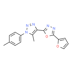 ChemSpider 2D Image | 2-(2-Furyl)-5-[5-methyl-1-(4-methylphenyl)-1H-1,2,3-triazol-4-yl]-1,3,4-oxadiazole | C16H13N5O2