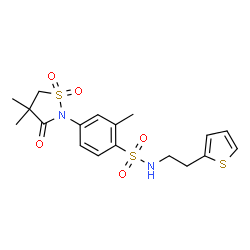 ChemSpider 2D Image | 4-(4,4-Dimethyl-1,1-dioxido-3-oxo-1,2-thiazolidin-2-yl)-2-methyl-N-[2-(2-thienyl)ethyl]benzenesulfonamide | C18H22N2O5S3