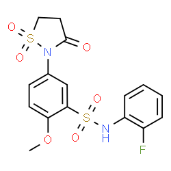 ChemSpider 2D Image | 5-(1,1-Dioxido-3-oxo-1,2-thiazolidin-2-yl)-N-(2-fluorophenyl)-2-methoxybenzenesulfonamide | C16H15FN2O6S2