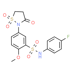 ChemSpider 2D Image | 5-(1,1-Dioxido-3-oxo-1,2-thiazolidin-2-yl)-N-(4-fluorophenyl)-2-methoxybenzenesulfonamide | C16H15FN2O6S2