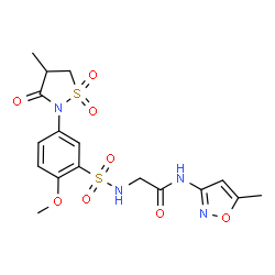 ChemSpider 2D Image | N~2~-{[2-Methoxy-5-(4-methyl-1,1-dioxido-3-oxo-1,2-thiazolidin-2-yl)phenyl]sulfonyl}-N-(5-methyl-1,2-oxazol-3-yl)glycinamide | C17H20N4O8S2