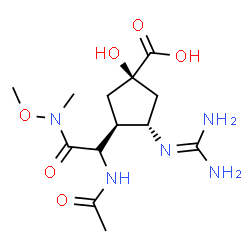 ChemSpider 2D Image | (1R,3R,4S)-3-{(1R)-1-Acetamido-2-[methoxy(methyl)amino]-2-oxoethyl}-4-[(diaminomethylene)amino]-1-hydroxycyclopentanecarboxylic acid | C13H23N5O6