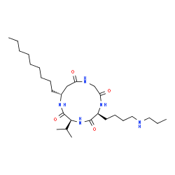 ChemSpider 2D Image | (3S,6S,13R)-3-Isopropyl-13-nonyl-6-[4-(propylamino)butyl]-1,4,7,10-tetraazacyclotridecane-2,5,8,11-tetrone | C28H53N5O4