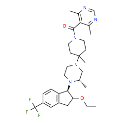 ChemSpider 2D Image | (4,6-Dimethyl-5-pyrimidinyl)(4-{(3S)-4-[(1R)-2-ethoxy-5-(trifluoromethyl)-2,3-dihydro-1H-inden-1-yl]-3-methyl-1-piperazinyl}-4-methyl-1-piperidinyl)methanone | C30H40F3N5O2