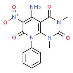ChemSpider 2D Image | 5-Amino-1,3-dimethyl-6-nitro-8-phenylpyrido[2,3-d]pyrimidine-2,4,7(1H,3H,8H)-trione | C15H13N5O5