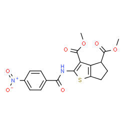 ChemSpider 2D Image | Dimethyl 2-[(4-nitrobenzoyl)amino]-5,6-dihydro-4H-cyclopenta[b]thiophene-3,4-dicarboxylate | C18H16N2O7S