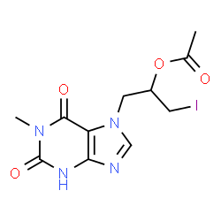 ChemSpider 2D Image | 1-Iodo-3-(1-methyl-2,6-dioxo-1,2,3,6-tetrahydro-7H-purin-7-yl)-2-propanyl acetate | C11H13IN4O4