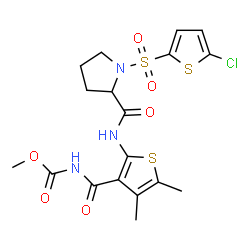 ChemSpider 2D Image | 1-[(5-Chloro-2-thienyl)sulfonyl]-N-{3-[(methoxycarbonyl)carbamoyl]-4,5-dimethyl-2-thienyl}prolinamide | C18H20ClN3O6S3