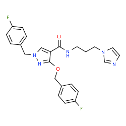 ChemSpider 2D Image | 1-(4-Fluorobenzyl)-3-[(4-fluorobenzyl)oxy]-N-[3-(1H-imidazol-1-yl)propyl]-1H-pyrazole-4-carboxamide | C24H23F2N5O2
