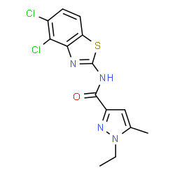 ChemSpider 2D Image | N-(4,5-Dichloro-1,3-benzothiazol-2-yl)-1-ethyl-5-methyl-1H-pyrazole-3-carboxamide | C14H12Cl2N4OS
