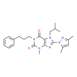 ChemSpider 2D Image | 8-(3,5-Dimethyl-1H-pyrazol-1-yl)-7-isobutyl-3-methyl-1-(3-phenylpropyl)-3,7-dihydro-1H-purine-2,6-dione | C24H30N6O2