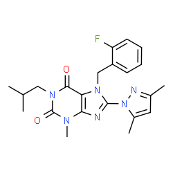 ChemSpider 2D Image | 8-(3,5-Dimethyl-1H-pyrazol-1-yl)-7-(2-fluorobenzyl)-1-isobutyl-3-methyl-3,7-dihydro-1H-purine-2,6-dione | C22H25FN6O2
