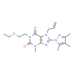 ChemSpider 2D Image | 7-Allyl-1-(2-ethoxyethyl)-3-methyl-8-(3,4,5-trimethyl-1H-pyrazol-1-yl)-3,7-dihydro-1H-purine-2,6-dione | C19H26N6O3